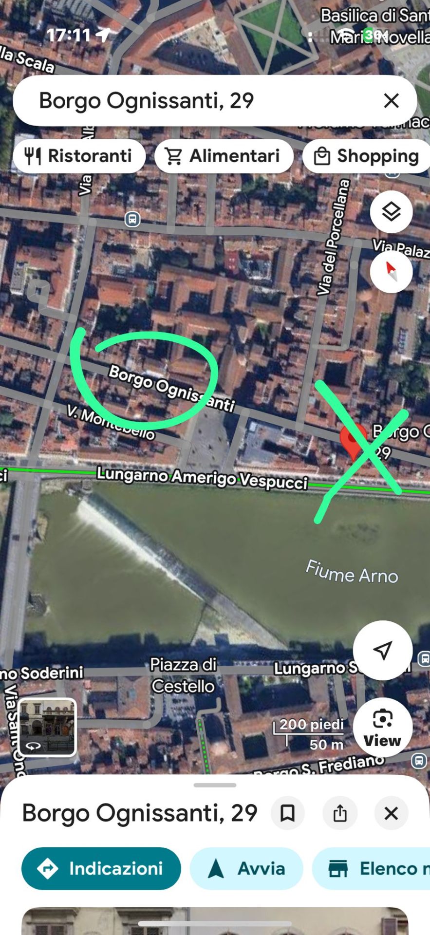 Google Maps screenshot: correct entrance circled, wrong pin crossed out